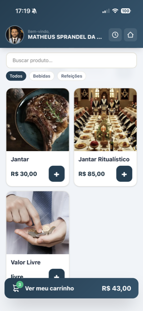 Ágape no SYSMESTRE: cardápio com produtos, categorias e carrinho para pagamento